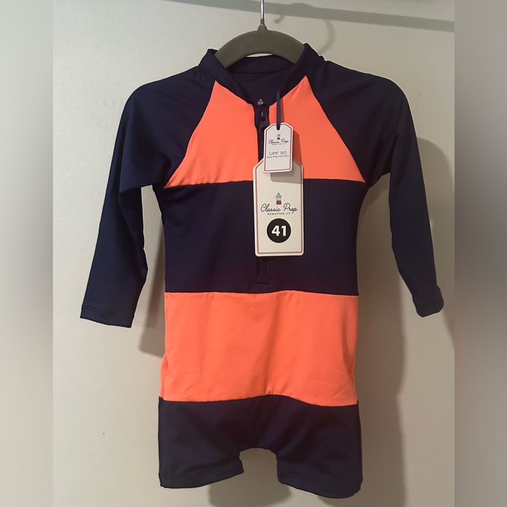 CLEARANCE NWT Classic Prep Navy/Peach Morgan Swim Onesie UPF 50